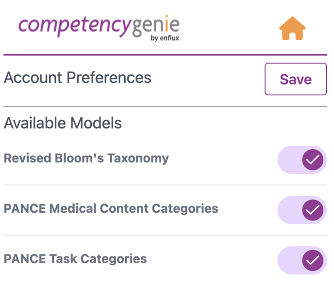 a view of account preferences, listed are the available models: Bloom's Taxonomy, PANCE Medical Content Categories, and PANCE Task Categories